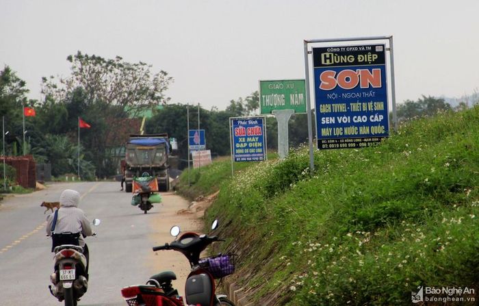 Các hộ dân kinh doanh còn ngang nhiên dựng biển quảng cáo trên thân đê. Ảnh: P.V