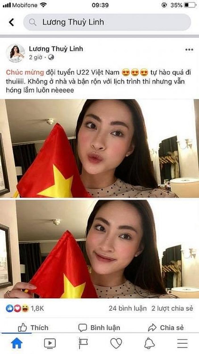 Dù đang dự thi Miss World tại London, Hoa hậu Lương Thùy Linh vẫn hướng trái tim cùng niềm tự hào dân tộc dõi theo trận đấu bán kết giữa đội tuyển bóng đá nam U22 Việt Nam và Campuchia. Ngay khi biết tin về chiến thắng thuyết phục 4-0 của các cầu thủ, Lương Thùy Linh đã rạng rỡ chụp hình với lá cờ Tổ quốc, gửi lời chúc mừng tới đội tuyển Việt Nam.