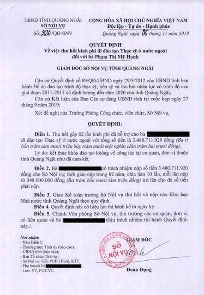 1 trong 4 Quyết định được Sở Nội vụ yêu cầu hoàn trả lại tiền cho tỉnh.