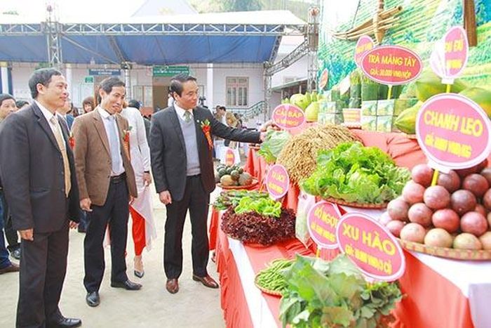 Các đại biểu thăm quan gian trưng bày nông sản đặc trưng của xã Phiêng Ban.