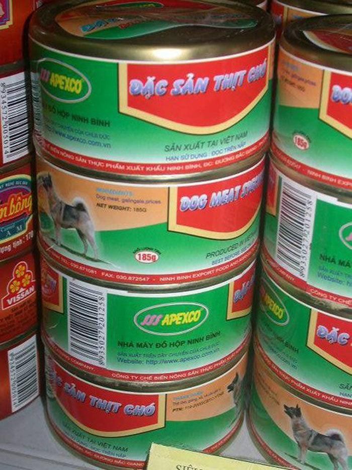Thịt chó được sản xuất đóng hộp khiến nhiều người hoang mang.