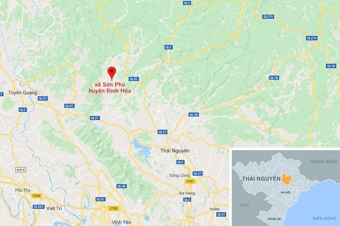  Xã Sơn Phú, huyện Định Hóa - nơi xảy ra vụ án - cách TP Thái Nguyên 56 km về phía tây bắc. Ảnh: Google Maps. 