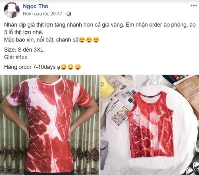 Dịch vụ nhận đặt áo in hình thịt lợn sôi nổi trên các trang mạng xã hội.