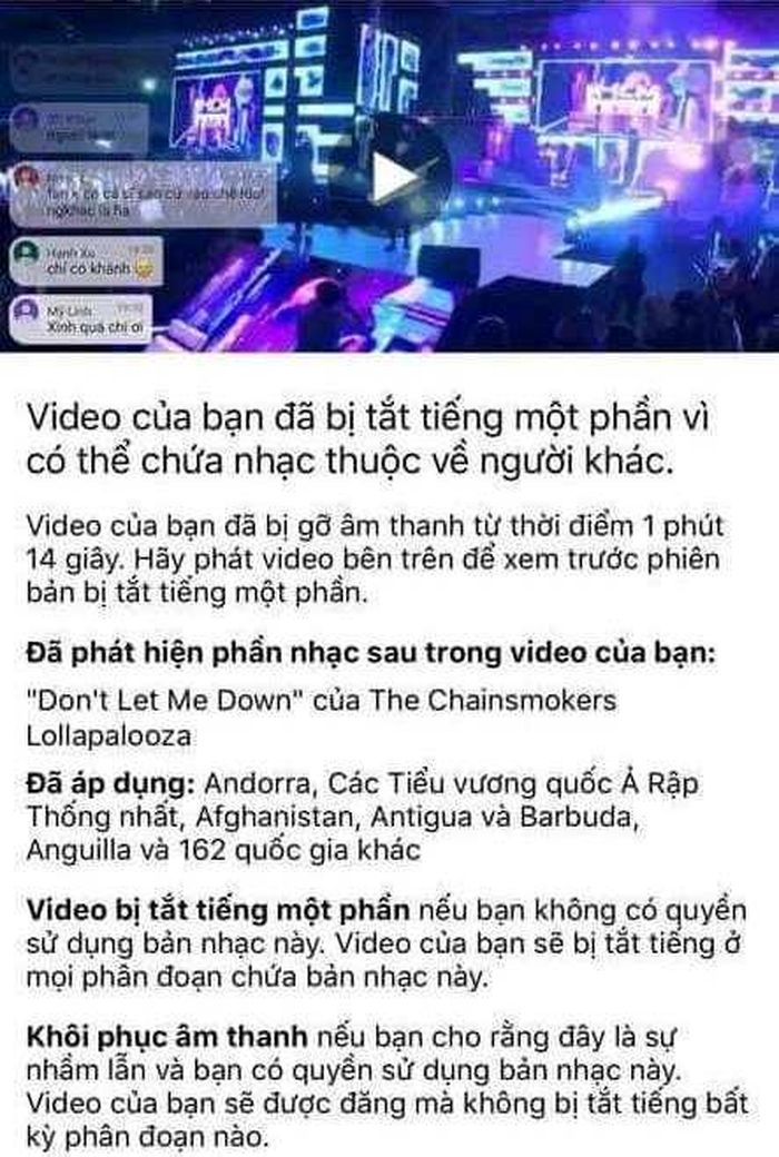 Chương trình đang phát trực tiếp bị cảnh cáo vì sử dụng nhạc không có bản quyền