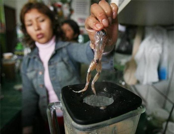 Bertha Prianes thả con ếch sống để chuẩn bị cho món sinh tố tại khu chợ ở Peru. Đây là món thức uống rất phổ biến cho tầng lớp lao động vì họ tin nó sẽ giúp bồi bổ sức khỏe