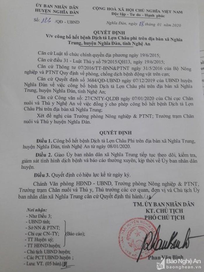 Nghĩa Trung là đơn vị cuối cùng ở Nghĩa Đàn công bố hết dịch.