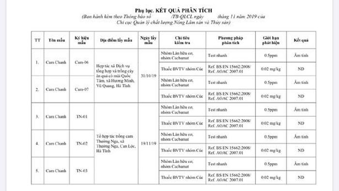 Kết quả phân tích đều âm tính hoặc không phát hiện tồn dư thuốc BVTV