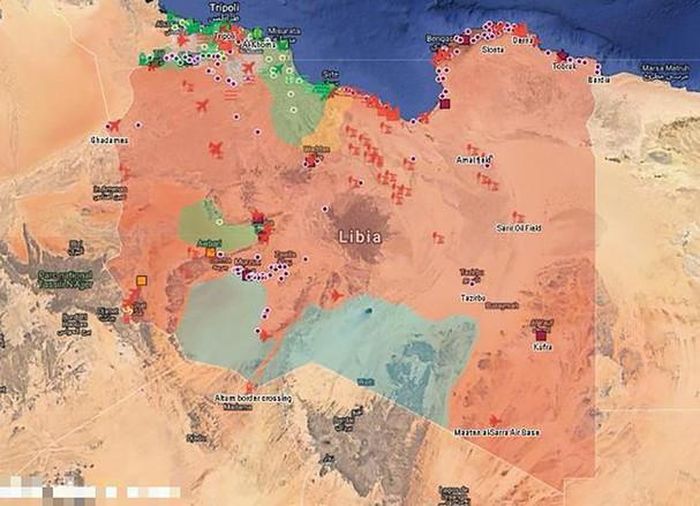 Bản đồ toàn cảnh chiến sự ở Libya. Màu đỏ: Quân đội Quốc gia Libya (LNA); màu xanh lá cây: Chính phủ Đoàn kết Dân tộc. Ảnh: GNA