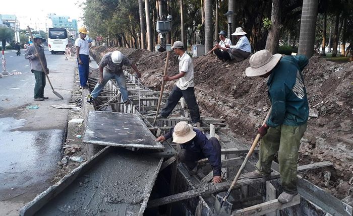 Thi công mở rộng mặt đường kết hợp tạo vịnh đỗ xe trên đường Nguyễn Tri Phương.