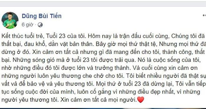 Chia sẻ của Bùi Tiến Dũng trên trang cá nhân