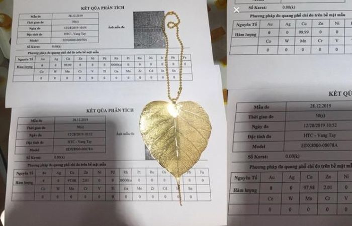 Lá bồ đề được rao bán là mạ vàng thật. Nhưng kết quà kiểm nghiệm thì 99,9% là đồng và Nikel.