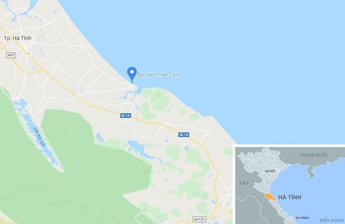  Bãi biển Thiên Cầm ở thị trấn Thiên Cầm, huyện Cẩm Xuyên (Hà Tĩnh, chấm xanh). Ảnh: Google Maps. 