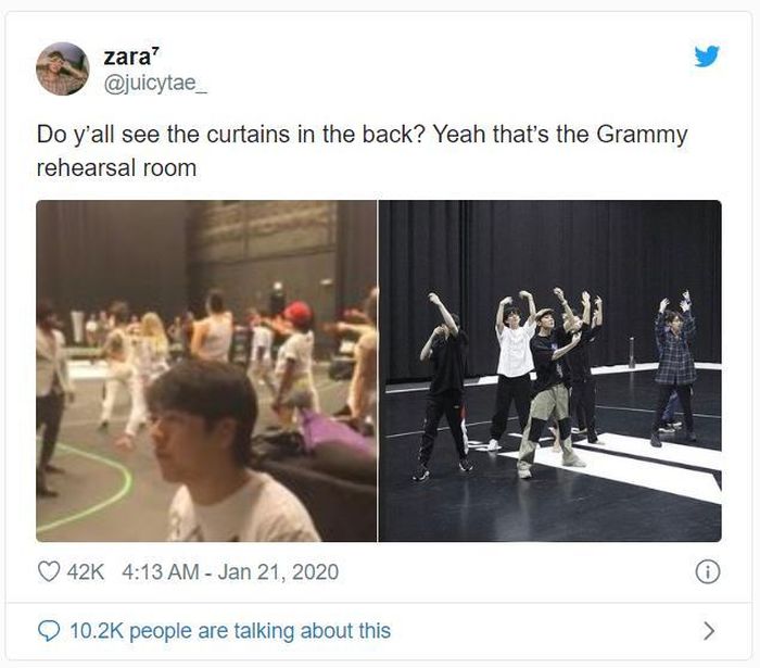 Fan nghi ngờ BTS đang chuẩn bị màn biểu diễn vì rèm cửa phía sau quá giống phòng diễn tập của Grammy