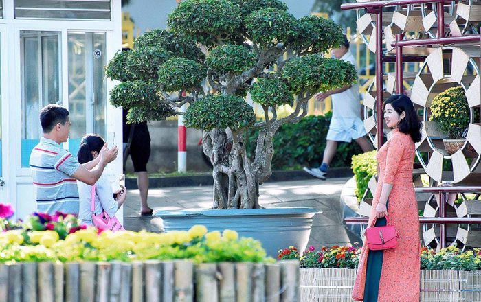 Khách tham quan thích thú lưu lại những khoảnh khắc đẹp bên gia đình tại đường hoa Quảng trường Đại Đoàn Kết