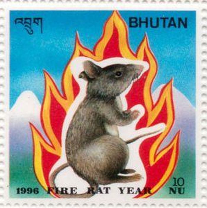 Tem chuột do Bhutan phát hành nhân năm Bính Tý 1996.