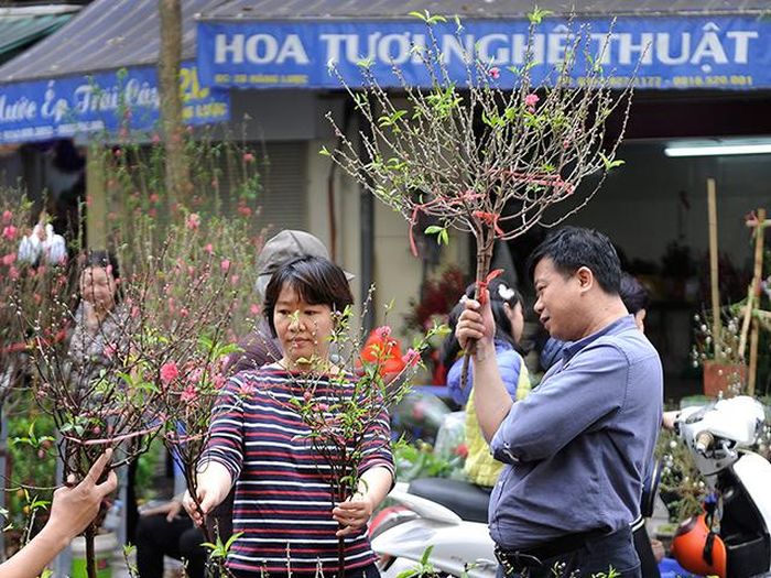 Tại các chợ hoa, nhiều người vẫn dành thời gian dạo chơi, tìm cho mình những cành đào ưng ý để trang trí trong dịp Tết.