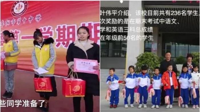 Các học sinh xếp hàng, cầm tấm bằng hồng. Sau đó, họ được tặng một túi màu đỏ với hình ảnh một con lợn trên túi.