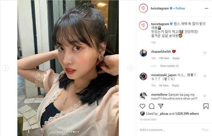 Momo: "Chúc mừng năm mới ONCE. Được ăn thật nhiều đồ ăn ngon! Tràn đầy sức khỏe! Chúc mừng năm mới"