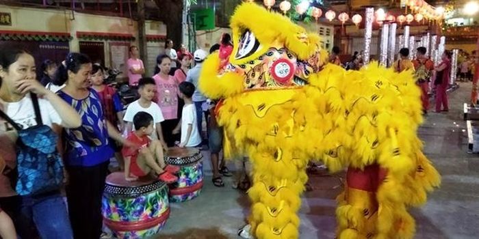 Nhiều đứa trẻ vừa thích thú vừa sợ sệt khi lân tiến lại gần