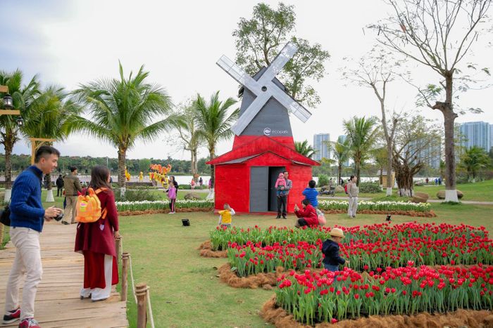 Hoa kết hợp tiểu cảnh tạo điểm nhấn chụp ảnh cho nhiều gia đình.