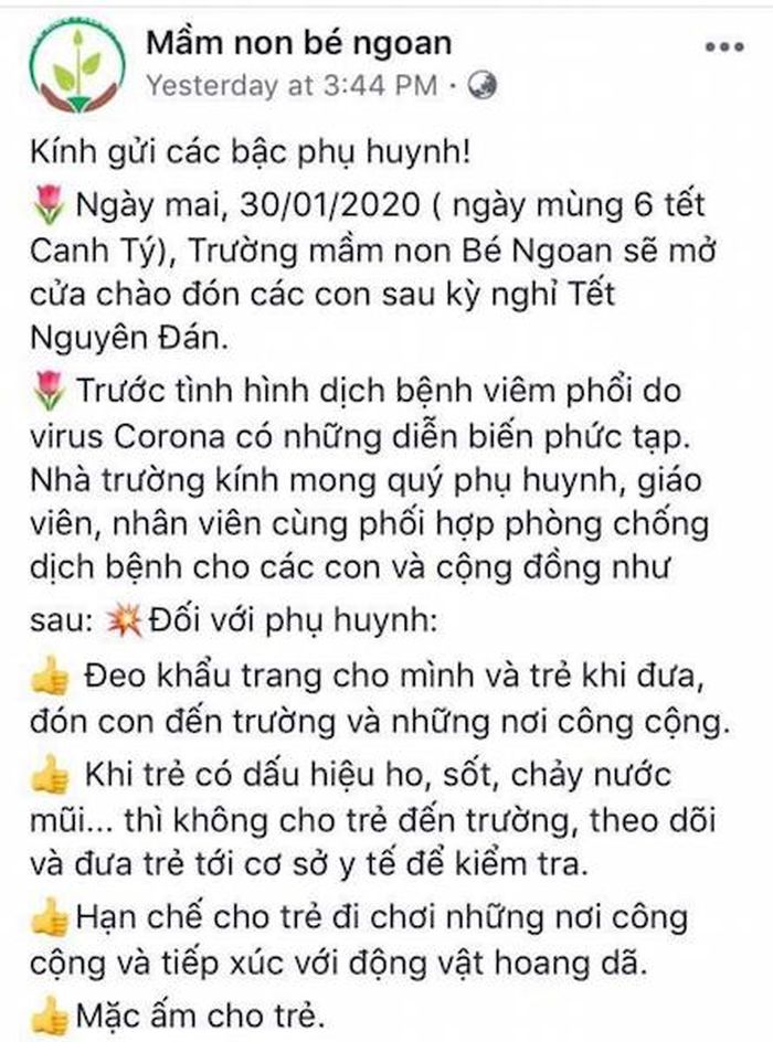 Trường mầm non Bé Ngoan (quận Nam Từ Liêm) đã dùng mạng xã hội để tuyên truyền phòng, chống dịch do virus Corona đến các bậc phụ huynh.