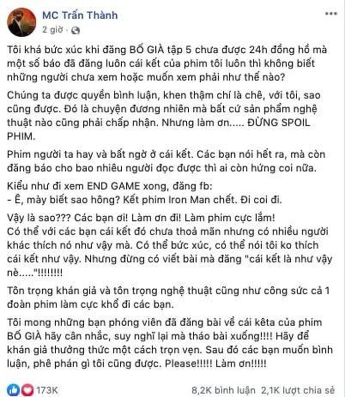 Trấn Thành bức xúc, lên tiếng trên Fanpage của mình.
