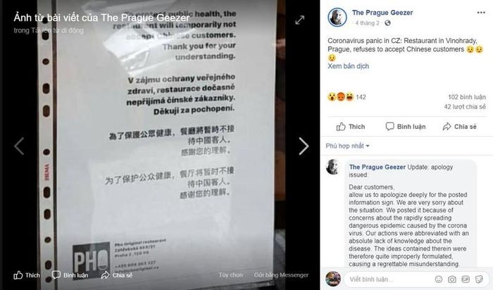 Ảnh chụp bài đăng có bức ảnh gây tranh cãi và lời xin lỗi của hàng. Ảnh chụp màn hình Facebook