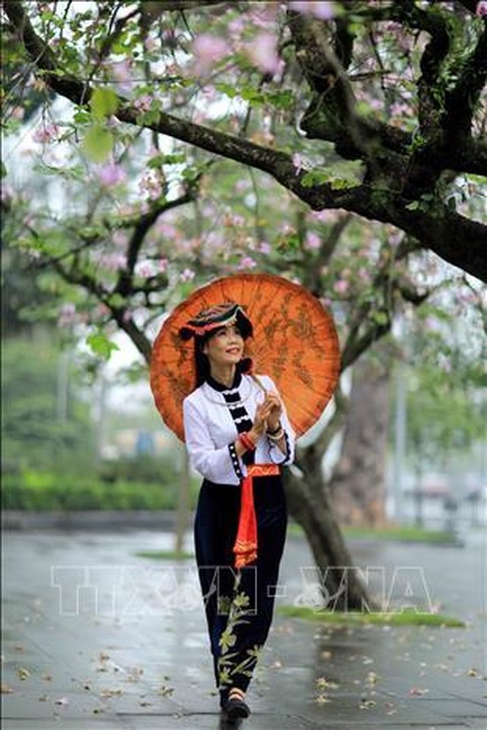 Lựa chọn trang phục dân tộc để lưu lại mùa ban ở Hà Nội.
