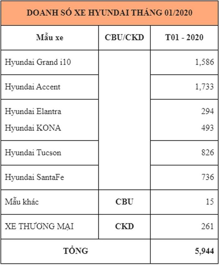  Doanh số bán hàng các mẫu xe Hyundai trong tháng 01/2020 (Đơn vị: Xe) 