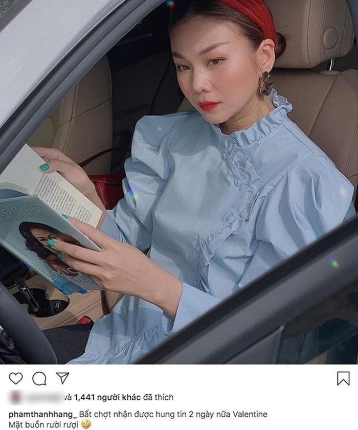 Trong khi đó, nhiều nghệ sĩ than độc thân vào ngày Valentine. Ngô Thanh Vân viết: “Tự dưng cái app nó nhắc 2 ngày nữa Valentine. Cảm thấy có tí tủi thân vì vẫn chưa biết ai dắt mình đi ăn nữa”. Cùng lúc, Thanh Hằng cũng than thở vì chưa thoát ế. “Bất chợt nhận được hung tin 2 ngày nữa Valentine. Mặt buồn rười rượi”.