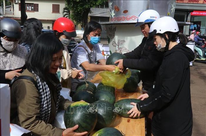 Người dân mua dưa hấu “giải cứu” giúp nông dân tại thành phố Buôn Ma Thuột, tỉnh Đắk Lắk.