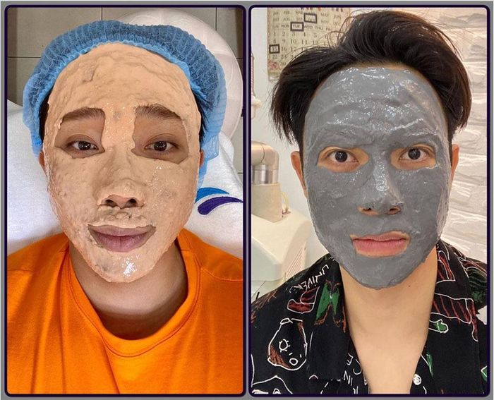 Trấn Thành chia sẻ ảnh chụp hài hước khi được Trúc Nhân dẫn đi làm đẹp: “Nhỏ con dâu Trúc Nhân dẫn đi làm da. Mọi người nhìn coi da ai đẹp hơn?”.