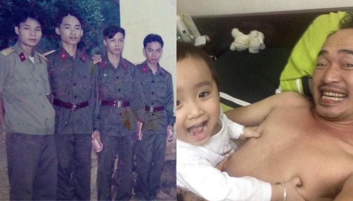 Diễn viên Tiến Luật bất ngờ chia sẻ lại loạt ảnh ngày xưa của anh - ảnh thời đi lính và ảnh chụp cùng con trai lúc còn nhỏ.