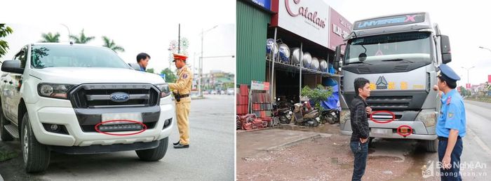 Lực lượng chức năng xử lý lỗi lắp thêm đèn. Ảnh: Hải Vương- Đ.C
