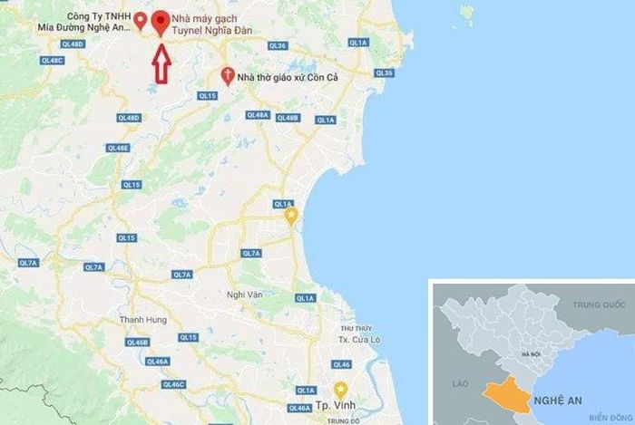 Xã Nghĩa Thành, huyện Nghĩa Đàn, Nghệ An) mũi tên đỏ). Ảnh: Google Maps.
