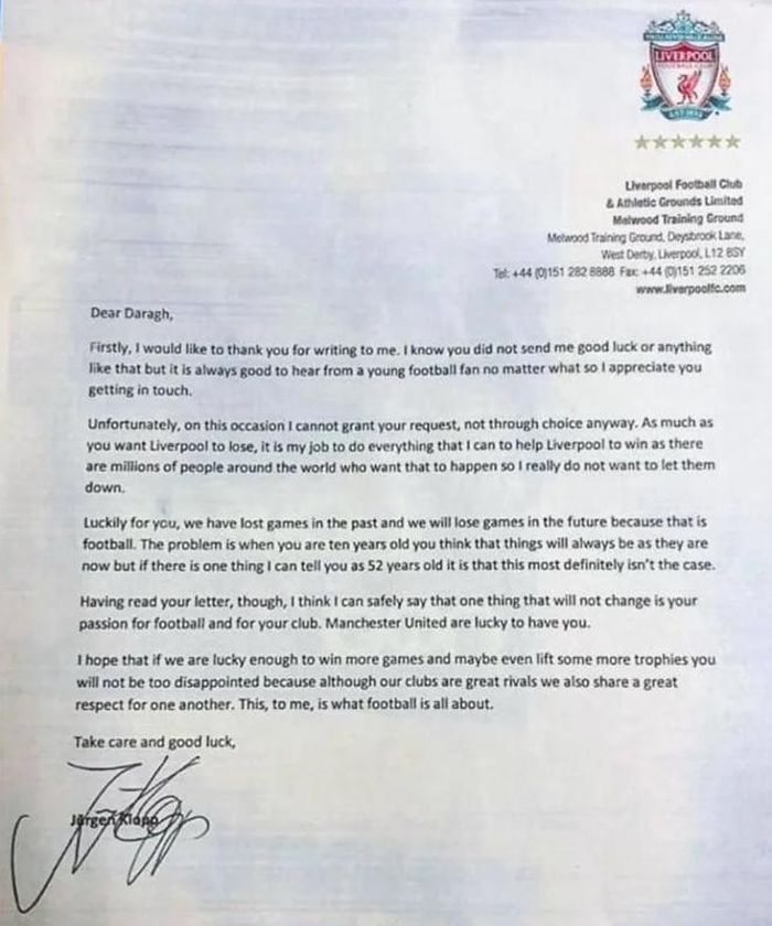 Thư trả lời của HLV Jurgen Klopp. 