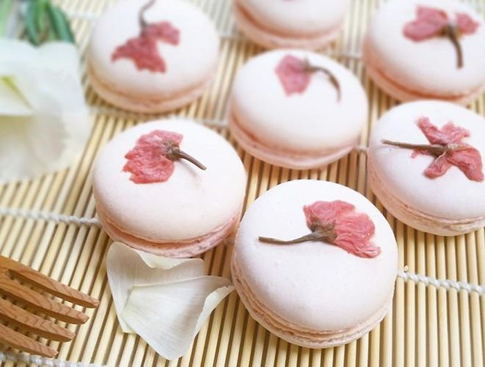 Macaron hoa anh đào: Một sự kết hợp hoàn hảo giữa nét hiện đại của châu Âu hòa cùng nét tinh tế của hoa anh đào Nhật Bản đã tạo nên chiếc bánh macaron vô cùng độc đáo
