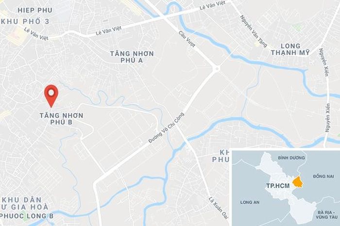  Đường nội đô khu công nghệ cao quận 9 (chấm đỏ), nơi xảy ra vụ tai nạn. Ảnh: Google Maps. 