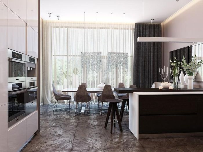 Rèm cửa ngăn khu vực bàn ăn với quầy bar.