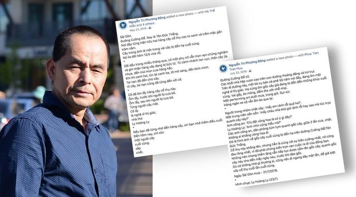 Họa sĩ Nguyễn Tri Phương Đông và những dòng viết của anh trên facebook năm 2018, khi nghe tin hàng cây ở đường Tôn Đức Thắng bị đốn hạ. Ảnh: TL