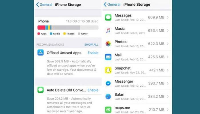 iPhone sẽ show cho bạn thấy danh sách ứng dụng đang chiếm dung lượng trên điện thoại. Ảnh: BI 