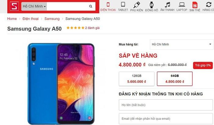  Trên website bán hàng của Cellphone thì chiếc điện thoại Galaxy A50 bản 64Gb có giá 4,8 triệu đồng rẻ hơn 2,1 triệu đồng so với giá của hãng.