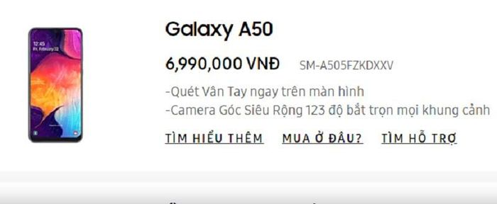  Giá của chiếc điện thoại Galaxy A50 trên hệ thống bán hàng của Samsung. (Ảnh chụp màn hình)