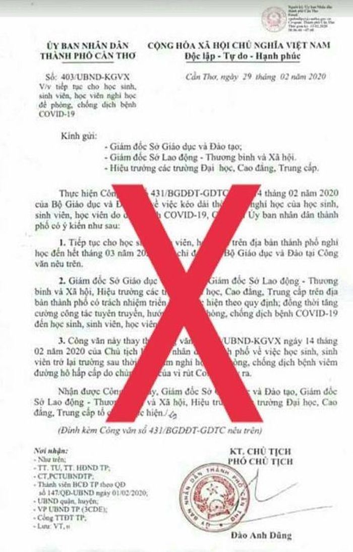 Văn bản giả mạo UBND TP Cần Thơ cho học sinh nghỉ hết tháng 3