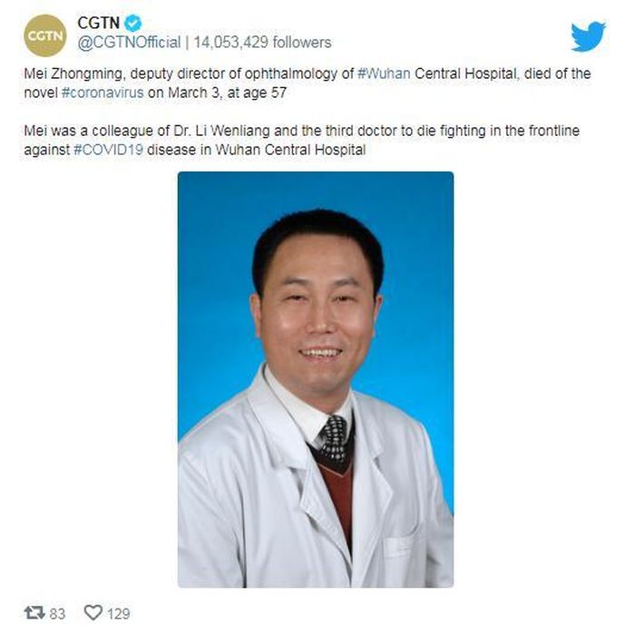 Thông tin về bác sĩ Mei trên tài khoản Twitter của CGTN.