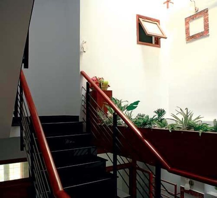 Nhà ông Lê Quang Mai ở quận 2 đã phải nhờ bên thiết kế làm thêm những bồn hoa bằng gỗ chạy kẹp theo cầu thang để giảm hẳn góc nhìn xuống giếng trời sâu hun hút khi đi lên xuống.