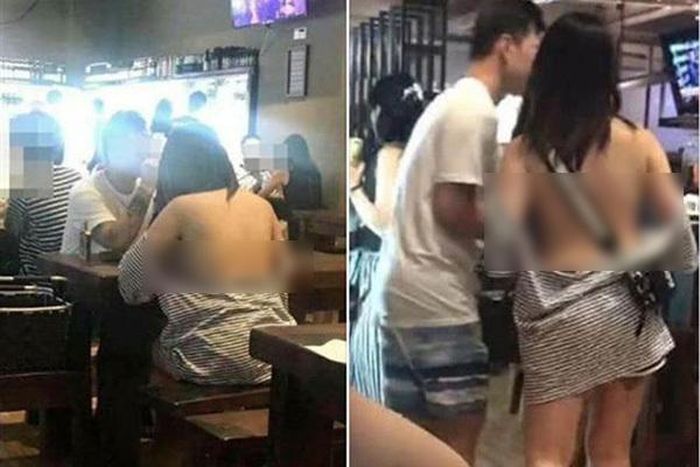 Một cô gái mặc trễ nải khi đi ăn nhà hàng. Khi hình ảnh này phát tán trên mạng xã hội, nhiều người cũng tỏ ý mỉa mai, chỉ trích cách ăn mặc này.