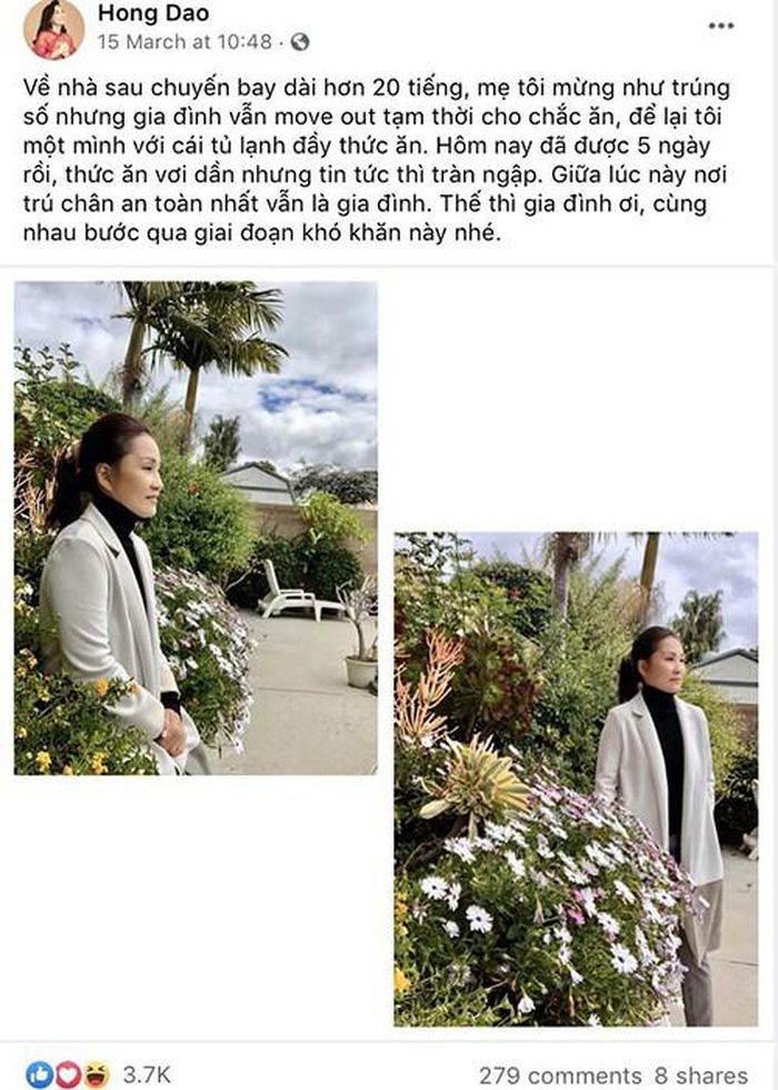 Nghệ sĩ hài Hồng Đào tự cách ly tại nhà ở Mỹ sau chuyến lưu diễn để đảm bảo an toàn cho bản thân và gia đình.