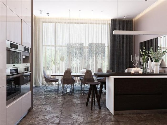  Rèm cửa ngăn khu vực bàn ăn với quầy bar. 