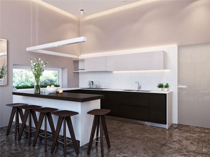  Trong nhà bếp, đá ốp tường nhà bếp màu sáng như những vì sao trên bầu trời. 